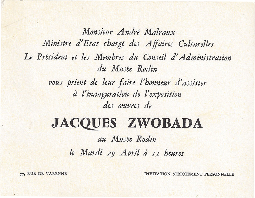 Invitation de l’exposition « Jacques Zwobada »au Musée Rodin, Paris, 1969